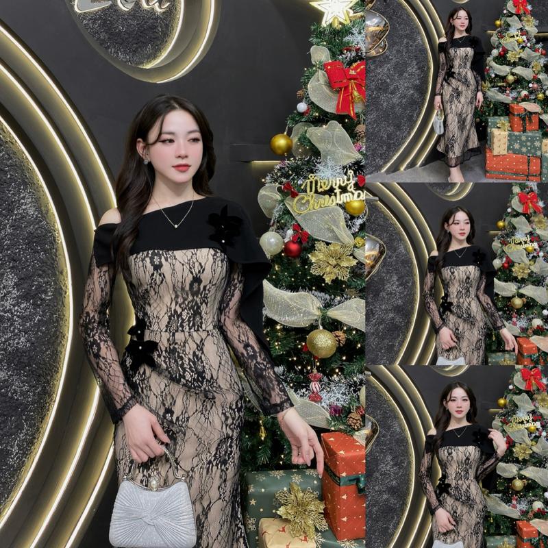  VK16 - Váy Ren thiết kế Evii dành cho nữ Đầm Ren thiết kế cổ lệch  tặng kèm 4 hoa cài  dáng đuôi cá sang chảnh phù hợp đi làm đi chơi và đi dự tiệc. Có Bigsize Women Dress 