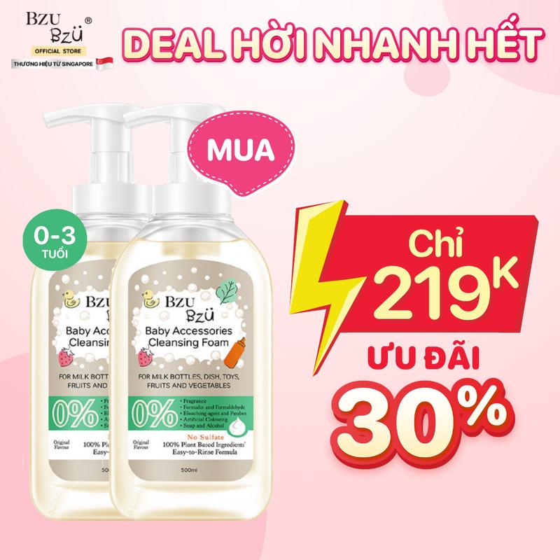 Combo 2 Chai Nước Rửa Bình Sữa Và Dụng Cụ Em Bé BZU BZU Tạo Bọt Không Mùi (Nguyên Bản) 4 Công Dụng 500Ml Cho Bé cọ  rửa