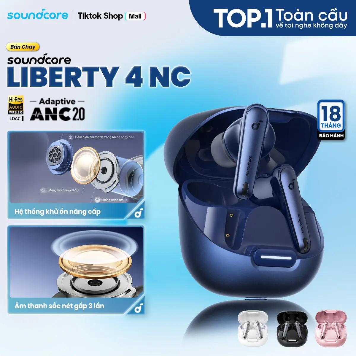 Tai nghe bluetooth chống ồn Soundcore Liberty 4NC | Chống ồn ANC 50 giờ phát nhạc | Dịch thuật AI trên App| Sạc nhanh- Tai nghe không dây- Tai nghe bluetooth pin trâu-Bảo hành 18 tháng- Hàng chính hãng