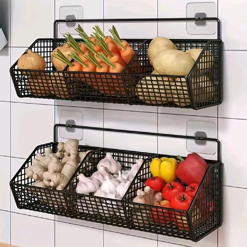 Rak Penyimpan Bawang Putih Jahe Gantung Dapur Besi 3 Sekat Anti Karat - Dinding, Buah, Penyimpanan, Paku 0