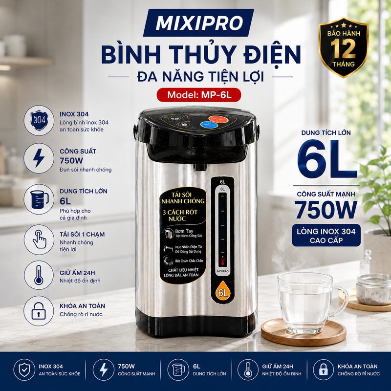 Bình Thủy Điện Đa Nhiệt MIXI PRO 6L inox 304 – Giữ Nhiệt Chuẩn, An Toàn, Đun Sôi Siêu Tốc