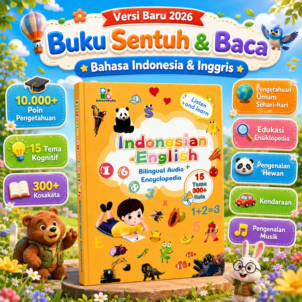 Buku Belajar untuk Anak-Anak  Buku Interaktif Berbasis Sentuhan dalam Dua Bahasa (Bahasa Indonesia-Inggris)  Buku Pendidikan Dini Ber suara dengan 15 Tema Kognitif Utama Mainan Pengenalan Belajar Dua Bahasa  Cocok untuk anak usia 4–10 tahun
