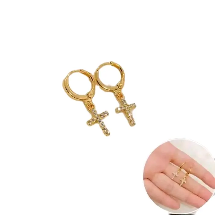 PERHIASAN WANITA ANTING GANTUNG TITANIUM MOTIF SALIB FULL PERMATA CANTIK TERBARU ANTI LUNTUR Emas