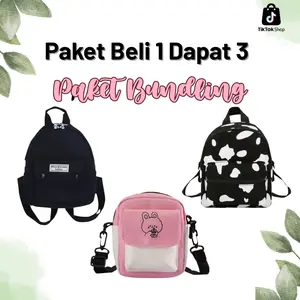 Paket Bundling Beli 1 Dapat 3 Ransel Mini Motif Sapi Hitam Ransel Mini Kamina Slingbag Pink Cony Lucu Kanvas