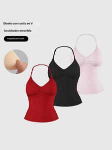 Conjunto de 3 piezas de Camiseta sin mangas tipo tanktop con cuello halter para mujer, deportiva, antichoque de alta elasticidad, para gimnasio, yoga, pilates, correr, sin tirantes, con soporte para la espalda