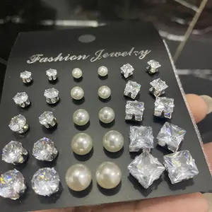 12 Pasang Anting Tusuk Gold Silver Mutiara Kristal Permata Model Bulat Aksesoris Wanita Mewah Fashion Korea untuk Tampil Elegan dan Modern di Setiap Kesempatan
