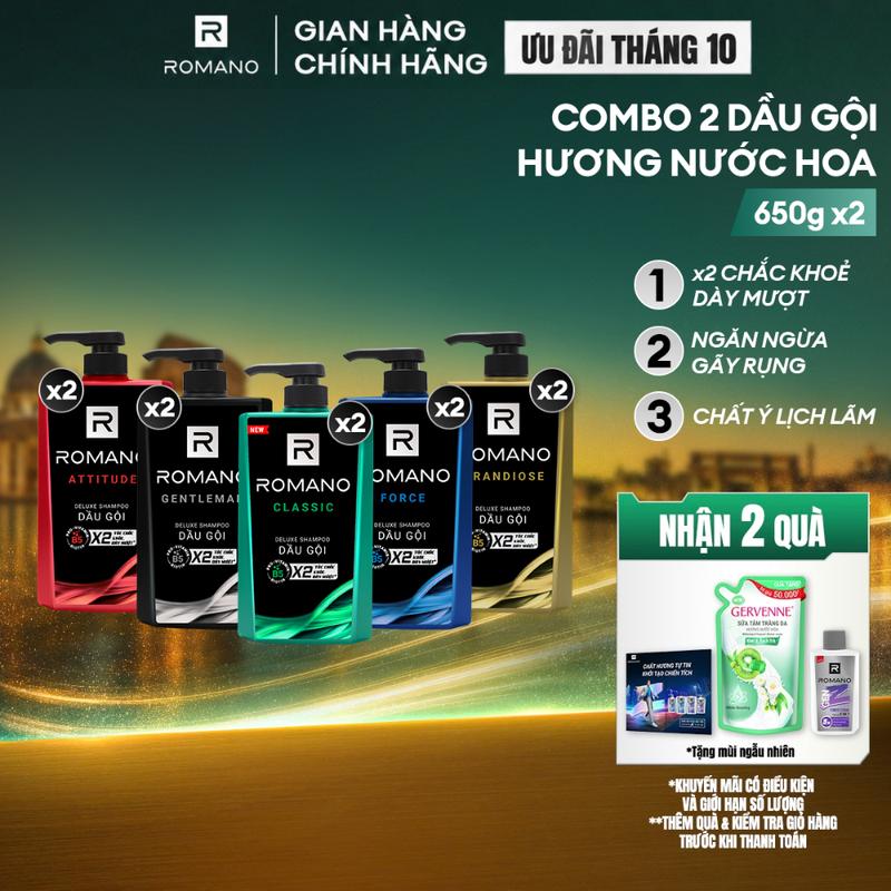 Combo 2 Dầu gội Chăm Sóc Tóc cho nam Romano hương nước hoa Attitude/Gentleman/Force/Classic/Grandiose 650g/chai - 5 Mùi hương có sẵn