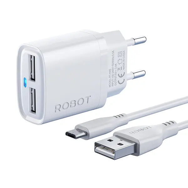 Robot RT-K9S Adaptor Charger Set 5V/2.4A 12W Dual USB with Cable Micro USB Kabel (New RT-K9 RT-K6) Original Pengisi