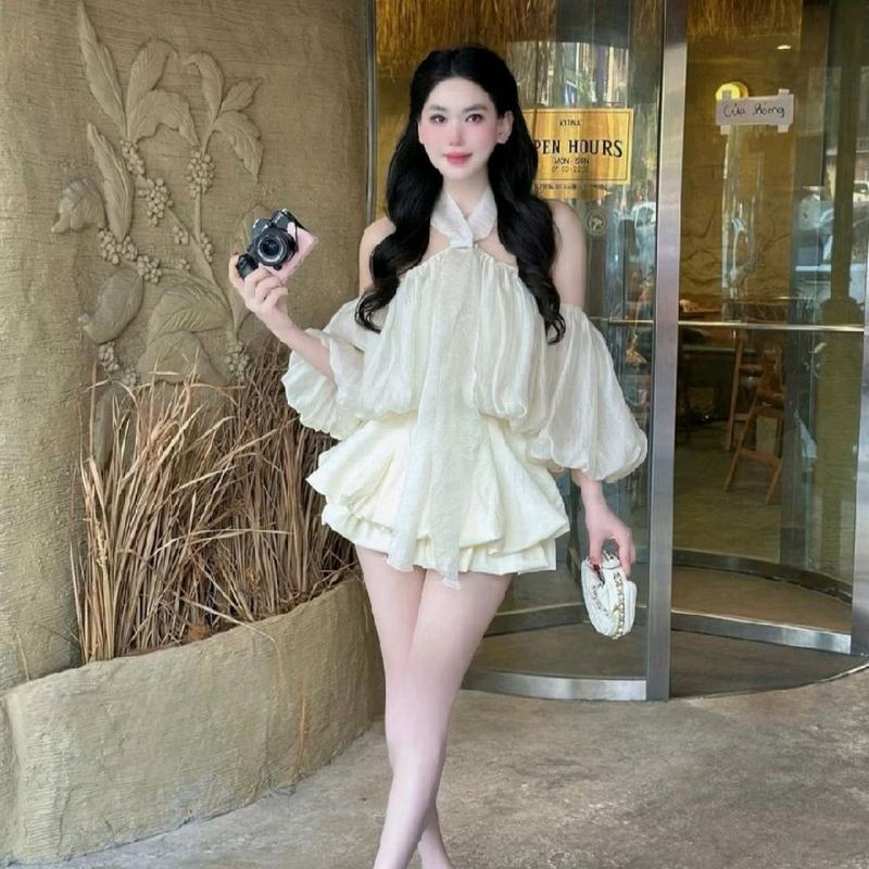 Sét áo yếm TAY  BỒNG kèm chân váy xếp li 2 tầng xinh lunh linh dự tiệc top nữ kem.đen