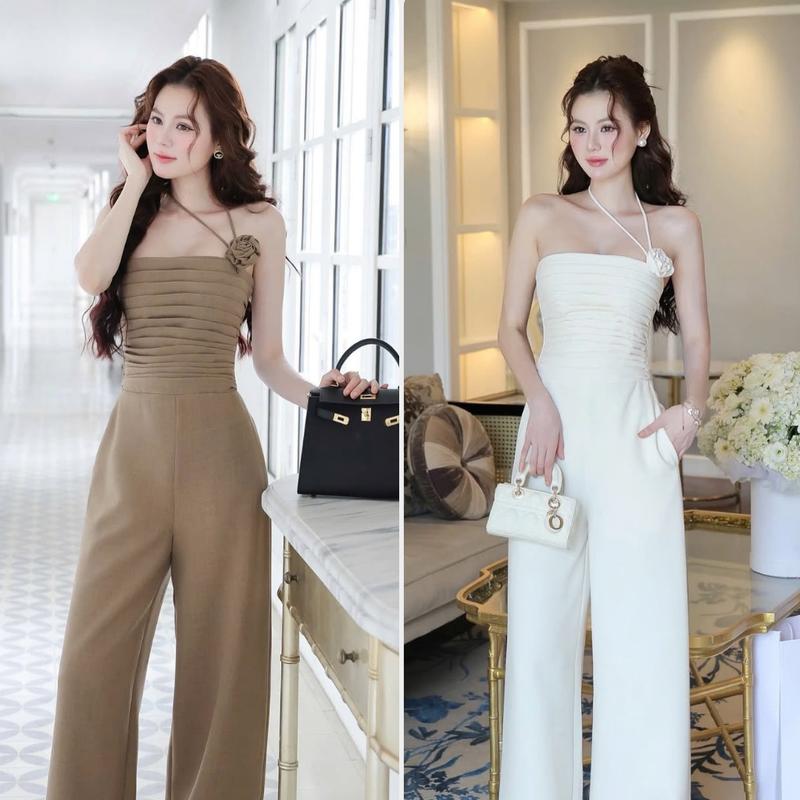  Jumpsuit dáng dài áo cúp ngực phối tag hoa Quần ống suông eo mocking tôn dáng Hb.closet D4 