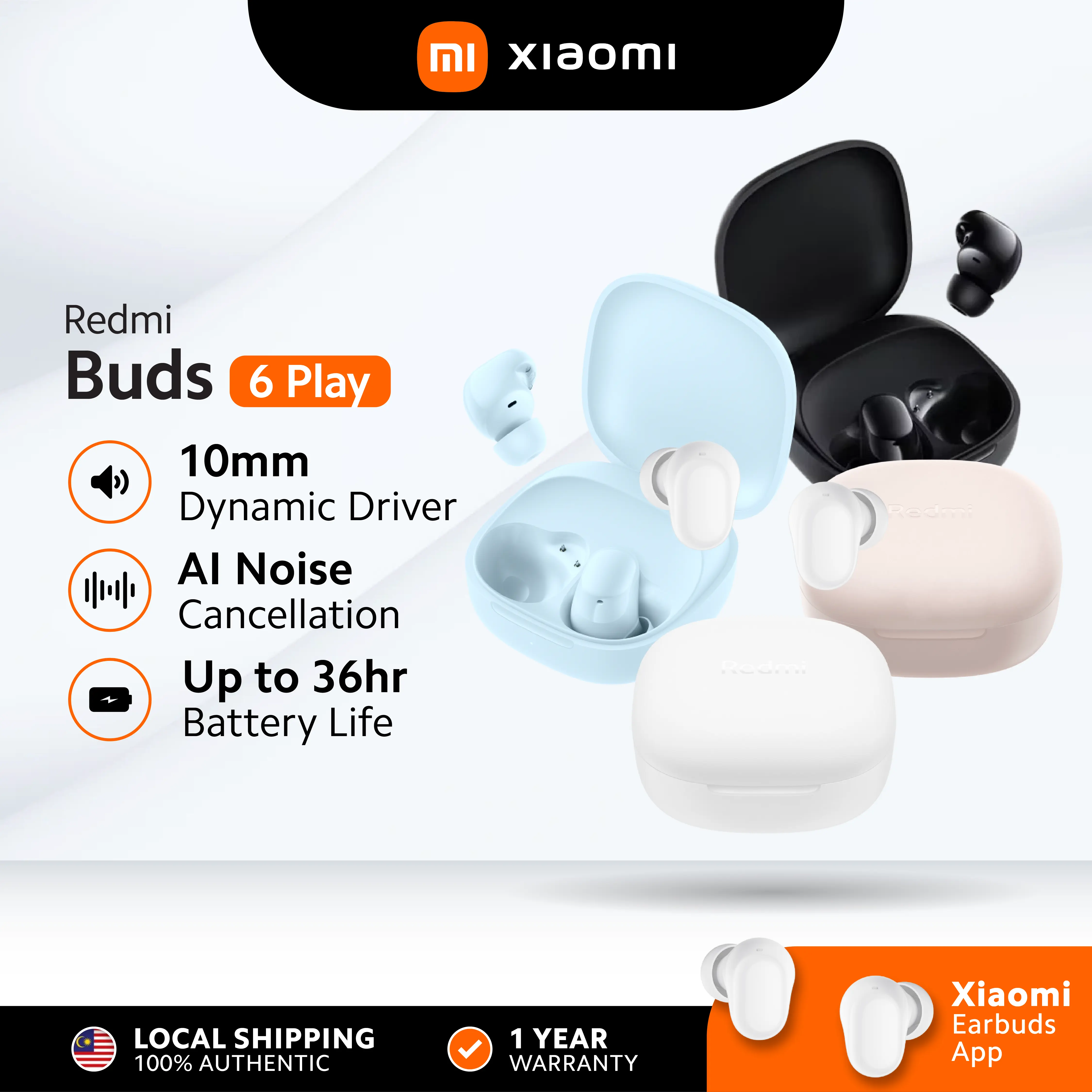 Redmi Buds 6 Play | Super Lightweight TWS Earbuds | Bluetooth 5.4 | Touch Control | 36 Hours Battery Life | IPX4 Rating