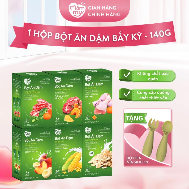 Hộp Bột Ăn Dặm MĂMMY Đầy Đủ Vị Cho Bé (Bắp Non, Yến Mạch, Trái Cây Mùa Hè, Gà Hầm Cà Rốt, Thịt Bò Bí Đỏ Phô Mai, Cháo Sườn Heo Cà Rốt Bông Cải Xanh), Hộp 7 Gói x 20g [TNS]