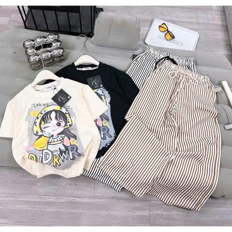 Sét bộ quần dài áo phông bé gái ( HÌNH CÔ GÁI DJDKWR QUẦN KẺ SỌC ) chất liều cotton su mềm mịn thoáng mát size 9-45 kg M99