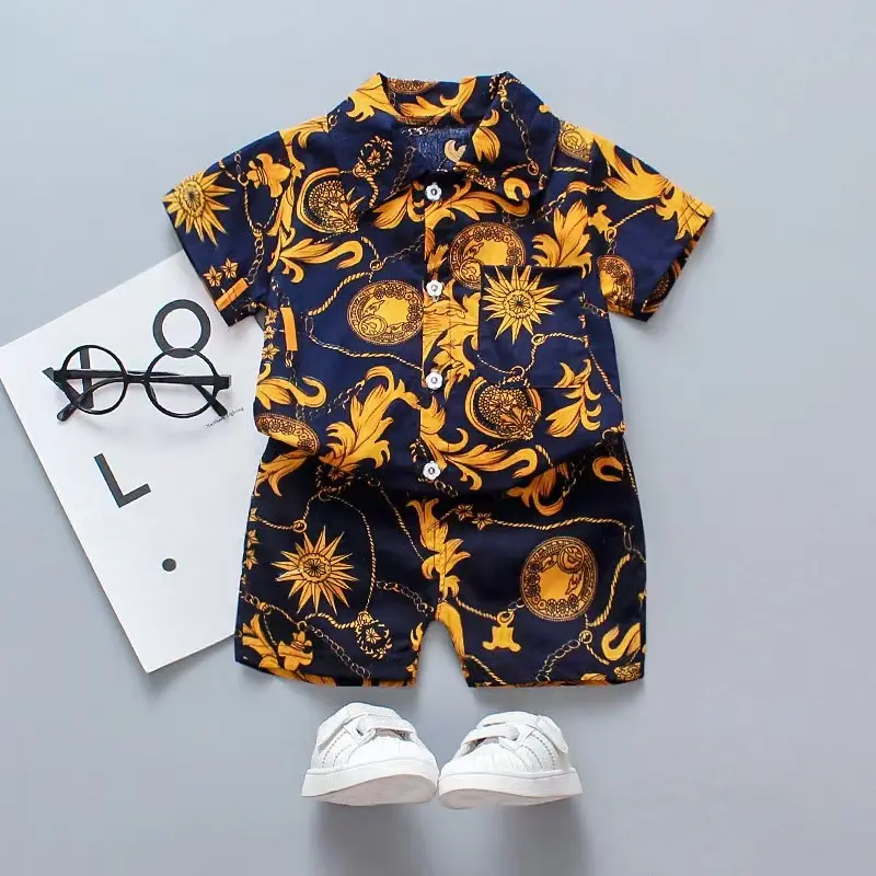 Kids Boys Suit Short-sleeved Single Breasted Full-print Shirt +Shorts