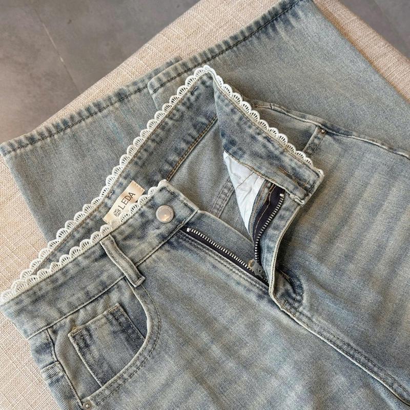   LEDA JEAN  Quần Jean Suông Phối Ren Lưng Cao Nữ LEDA Quần Bò Rin Ống Rộng Nấm Lùn 1m50 Dài 88-93cm 