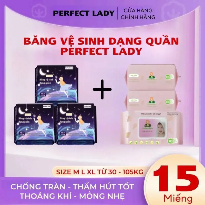 【MUA 3 TẶNG 3】COMBO 3 GÓI (15 MIẾNG) Băng vệ sinh dạng quần PERFECT LADY + 3 GÓI (300 TỜ) Khăn Ướt PERFECT LADY không mùi