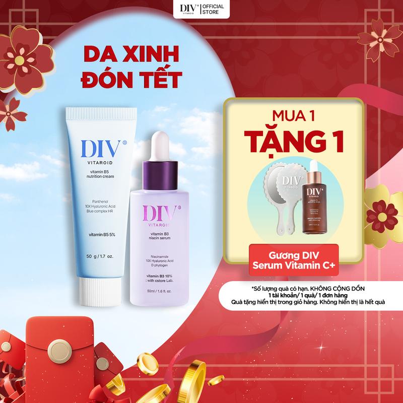 Bộ Đôi Serum Vitamin B3 50ml & Kem Dưỡng Vitamin B5 50gram DIV Hỗ Trợ Dưỡng Sáng Làm Dịu Da Với 5% Panthenol Và 10% Niacinamide m