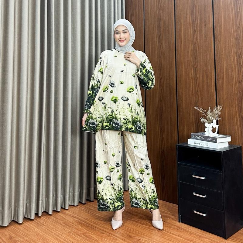 One Set Fadia Rayon Busui Ld 120 Setelan Wanita Atasan Celana Panjang Jumbo Rayon Super Adem Baji Muslim Standar Muat Hingga Bb 85kg