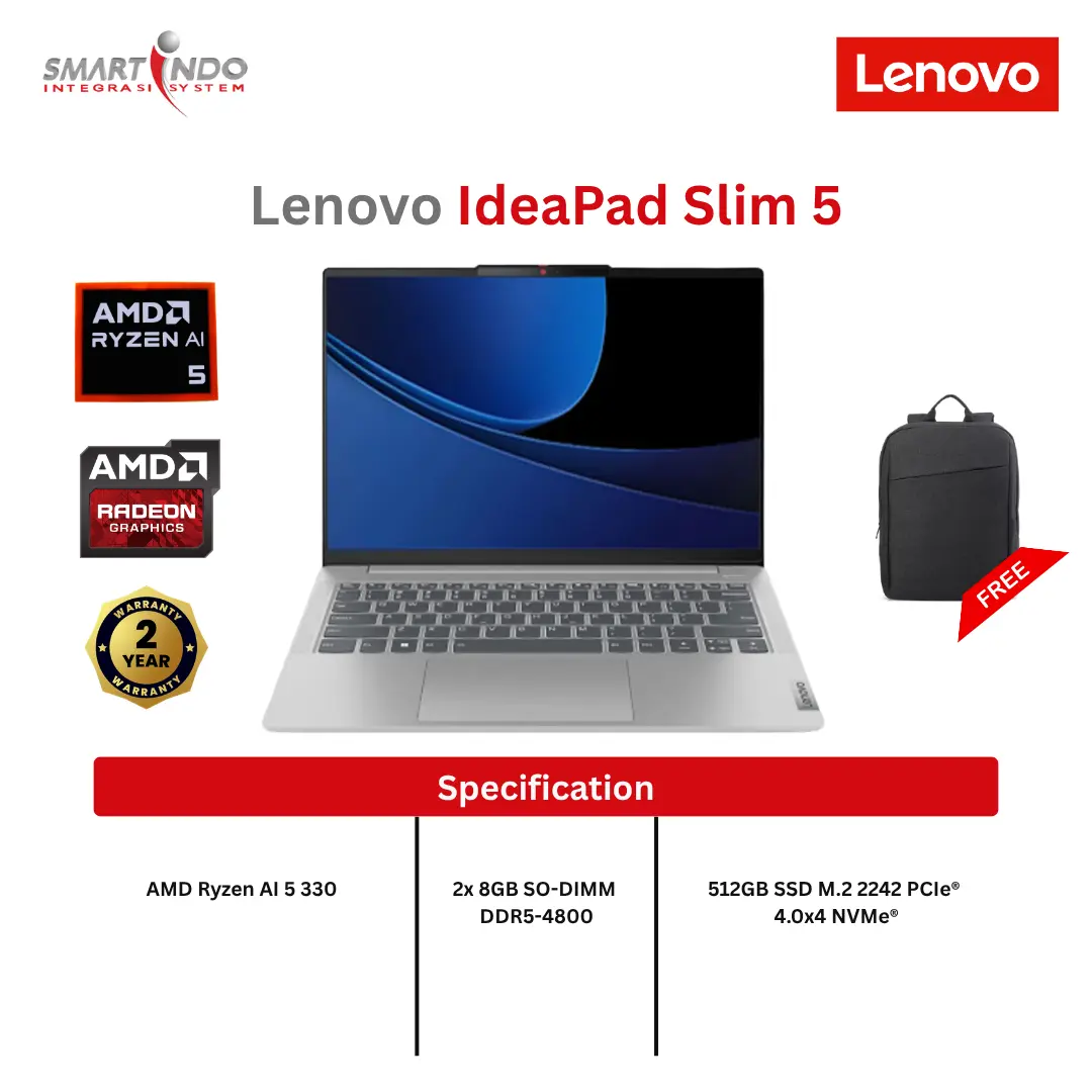 SMARTINDO - Lenovo IdeaPad 5 14AKP10 Ryzen AI 5 330 RAM 16GB SSD 512GB Radeon Graphics 14" FHD Win11 Home