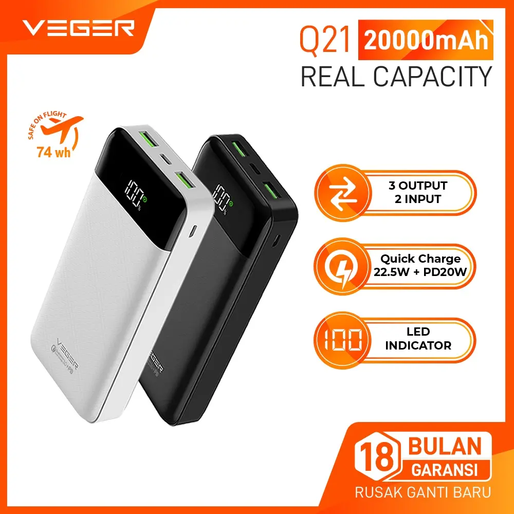 VEGER Powerbank Q21 20000mAh 3 Output LED Digital Display Fast Charging Quick Charge QC 22.5W & Power Delivery PD 20W Power Bank