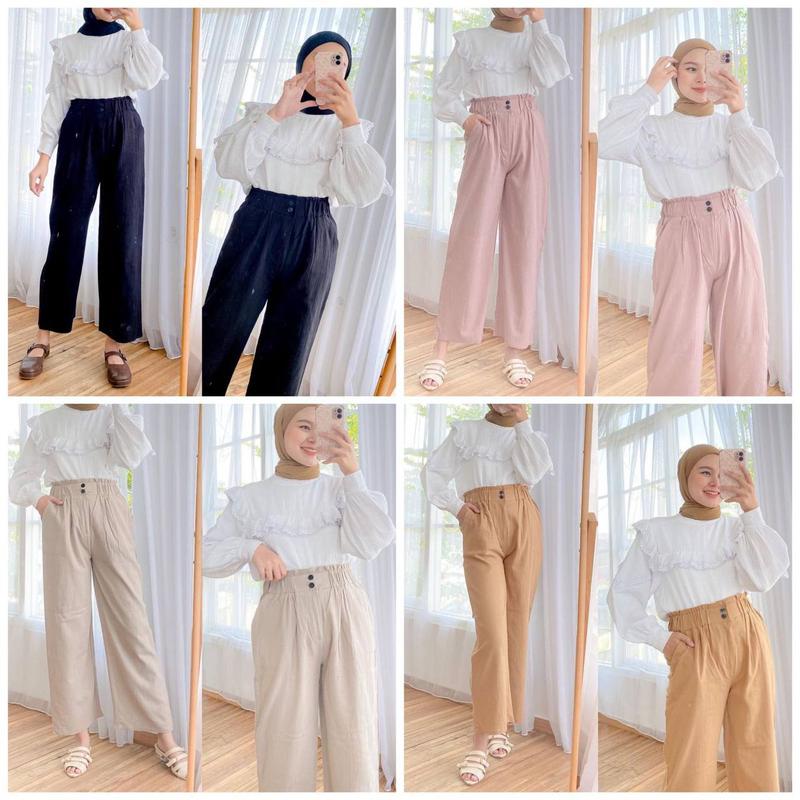 Celana Kulot Wanita Kancing Linen Crinkle Kekinian // Celana Highwaist Loose Pants Trousers - Celana Kerja Wanita Kantor - Celana Kulot Wanita 1
