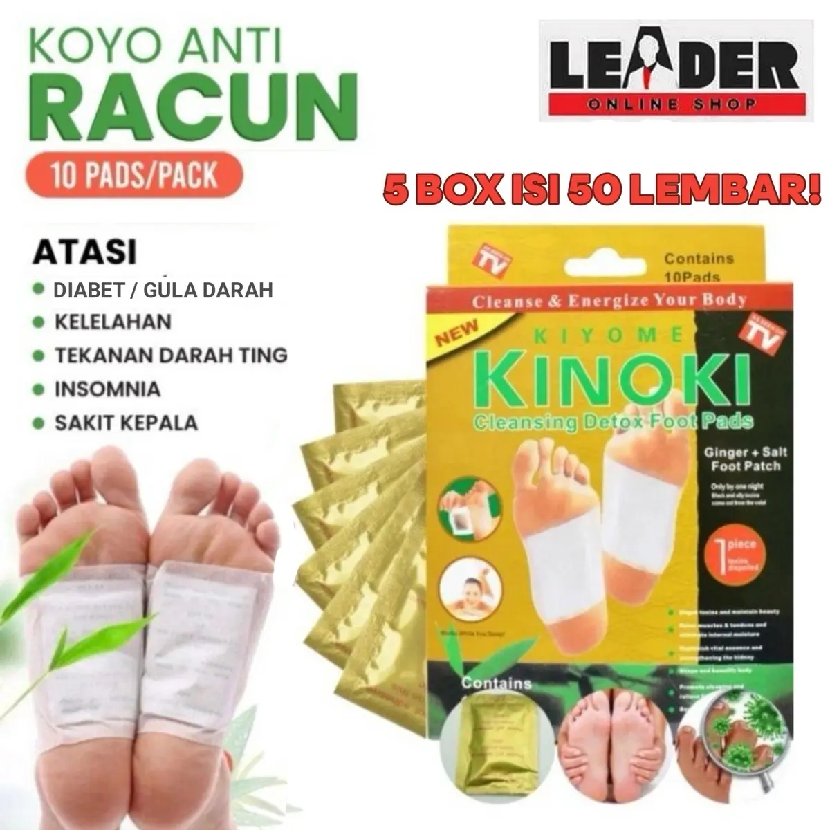 50 Pcs ( 5BOX ) KOYO PENYERAP RACUN TUBUH KINOKI FOOT PADS DETOX Hand