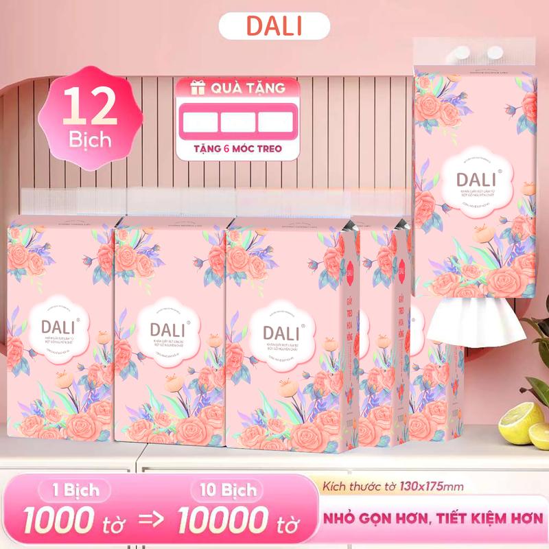 Giấy ăn hoa hồng DALI thùng 12 bịch lớn giấy rút treo tường giấy vệ sinh Perfect Softness (TẶNG 6 móc treo)