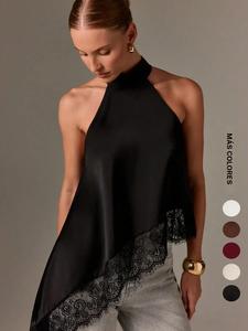 Top halter de satén elegante con cuello alto asimétrico y ribete de encaje, diseño sin mangas para fiestas nocturnas y ocasiones formales