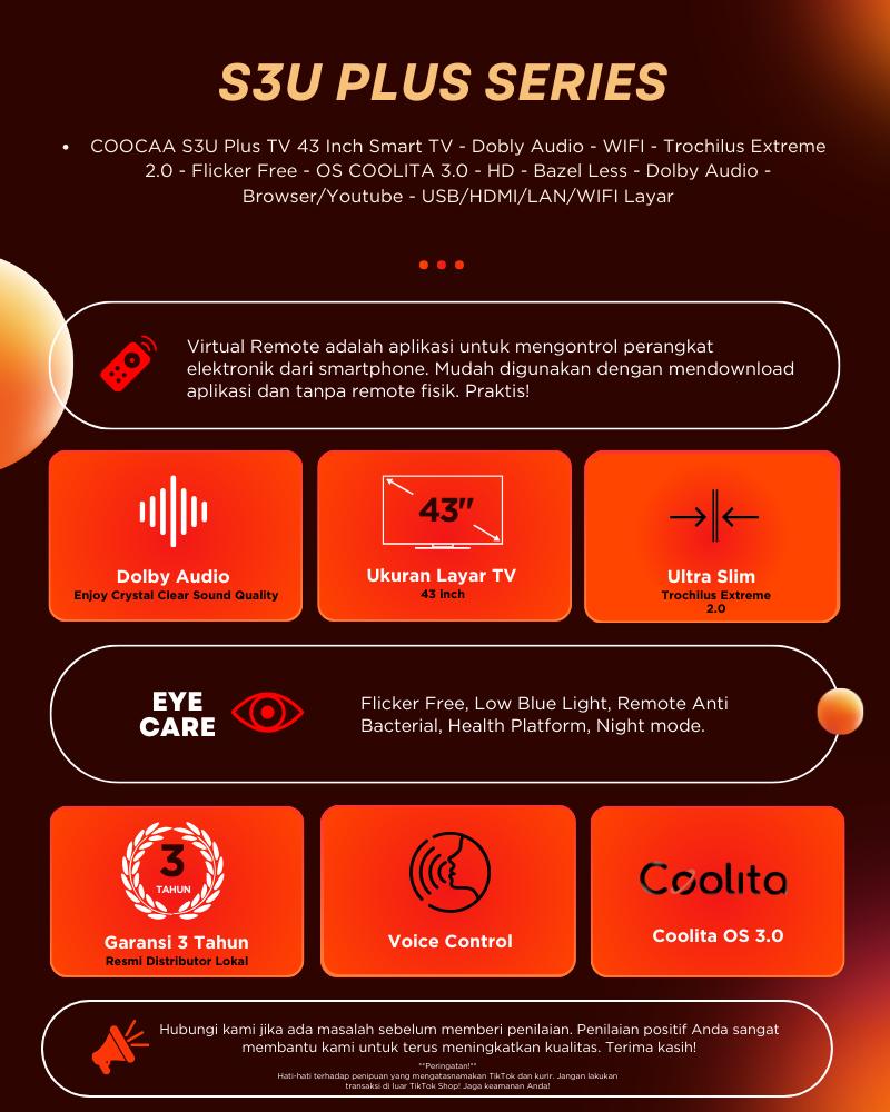 COOCAA S3U Plus TV 43 Inch Smart TV dengan Dolby Audio WIFI Trochilus Extreme 2.0 Flicker Free OS COOLITA 3.0 HD Bezel Less Browser YouTube USB HDMI LAN WIFI Layar
