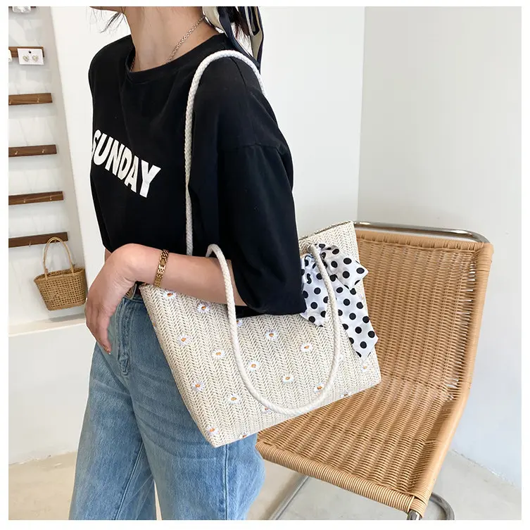 Totebag Kuliah Bahan Anyam Jerami Daisy Dengan Syal Polka Koreain Style Import - BAO158 Anyaman Wanita 3