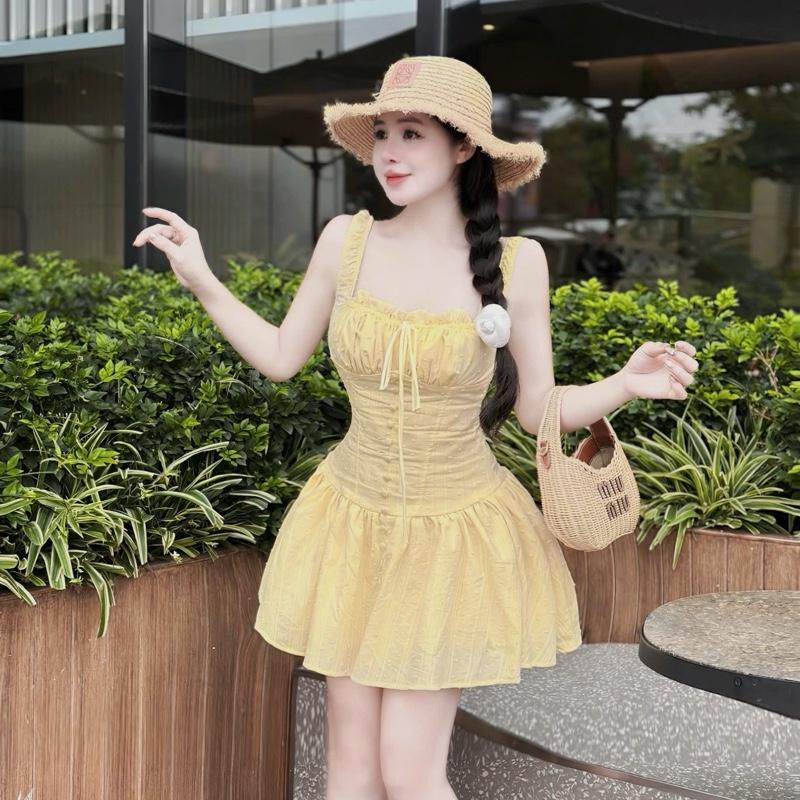 (Pl)Váy 2 Dây Rút Ngực Phối Cúc Tùng Váy Xoè Nhẹ Nhàng Nữ Tính Tôn Dáng từ 40-54kg