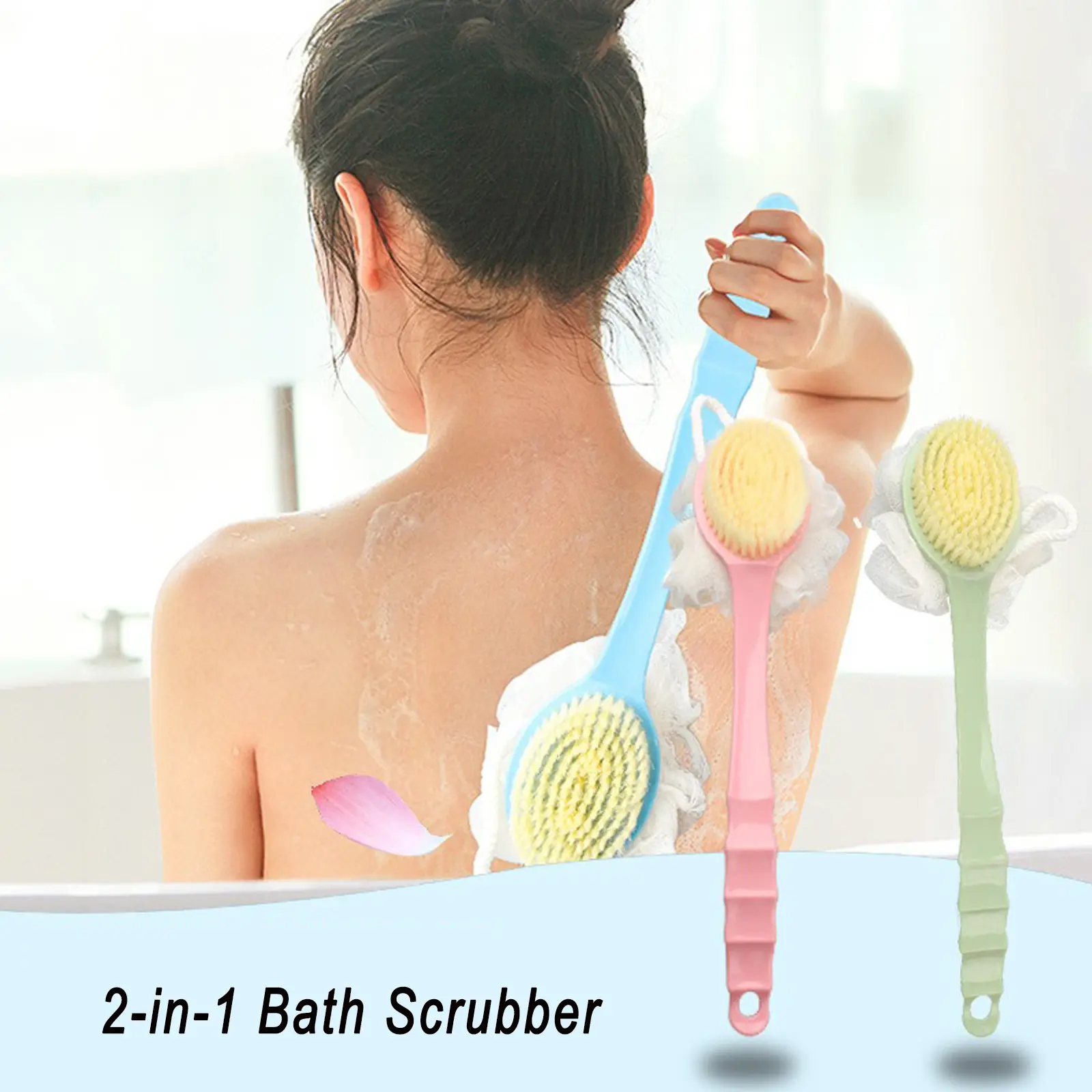 2-in-1 Bath ScrubbersBath BrushLong Accessory Handle Soft Bristle Bath Handing BrushBath TowelBath BallBack Rub