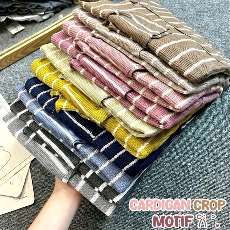 Cardigan Salur crop Korean Style Knit Waffle / Cardigan Stripe Wanita Terbaru Knitwear korea 1
