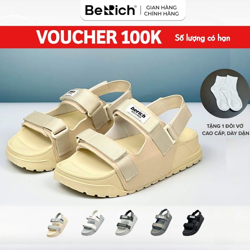   LÙI SIZE   TẶNG VỚ  Giày Sandal  Nam Nữ  BERICH Quai Ngang Màu Be Kem Siêu Nhẹ - Bền - Êm -  Dễ Thương BE977 Quai Xé Dán 