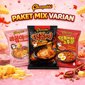 [Chezzpokki] PAKET MIX VARIAN (Rabokki spicy cheese - Topokki mala - Topokki gochujang) - Makanan korea instan halal
