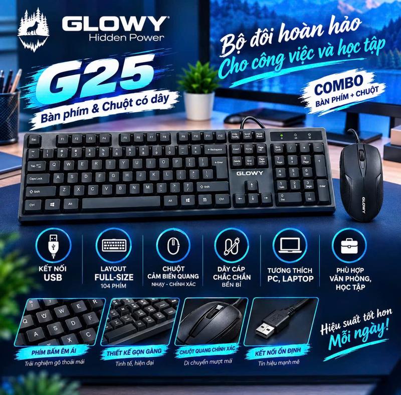 Bộ phím + chuột GLowy G25 có dây cổng USB - Dùng học tập văn phòng