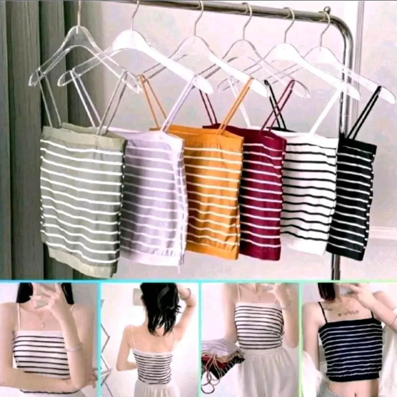 Tanktop Motif Salur With Cup BH Singlet Wanita Tanpa Kawat Cantik Murah FS 8