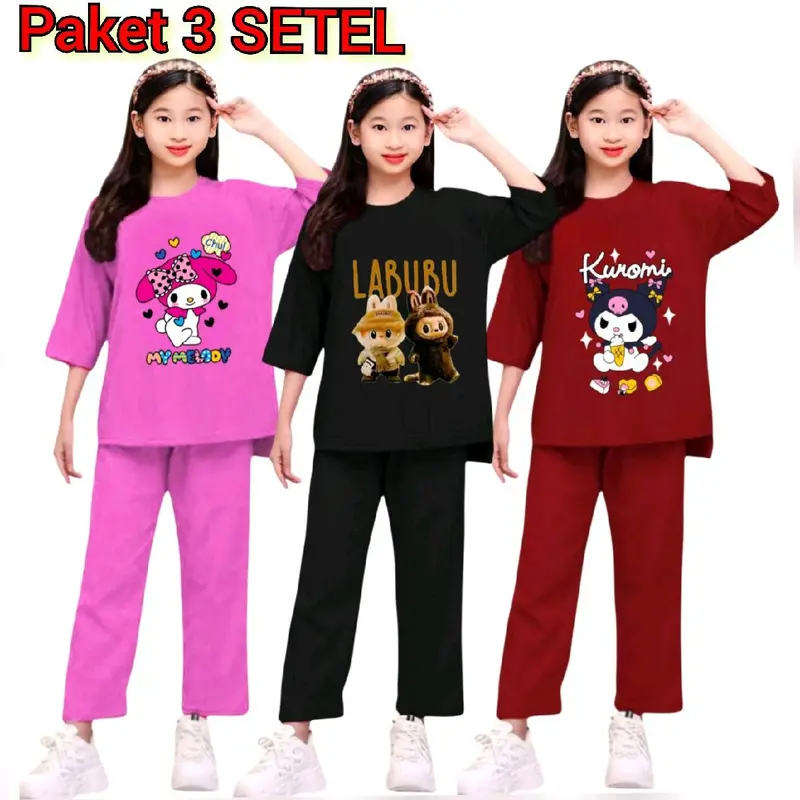 Paket Hemat 3 Setel Baju Stelan Anak Perempuan Labubu Kuromi Cinamorol My melody Usia 2-15 Tahun - Fashion 0