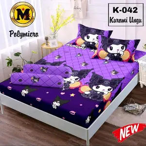 Sprei set karakter kuromi ungu ukuran 180x200x15 bonus sarung bantal 2 sarung guling 1