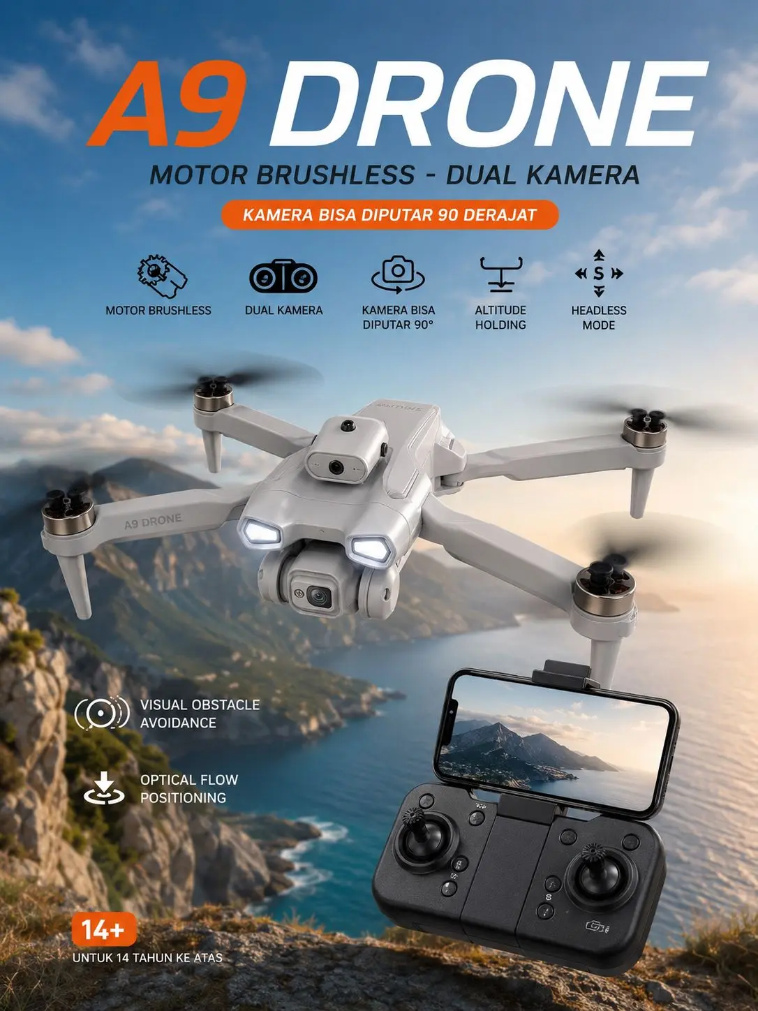 DRONE A9 DINAMO BRUSHLESS, DUAL KAMERA OPTICAL FLOW CAMERA ESC 90