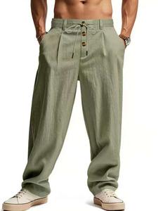 Pantalones largos casuales de lino para hombre, con tres botones decorativos, cintura elástica transpirable y cordón ajustable, adecuados para pesca, senderismo, golf y actividades al aire libre