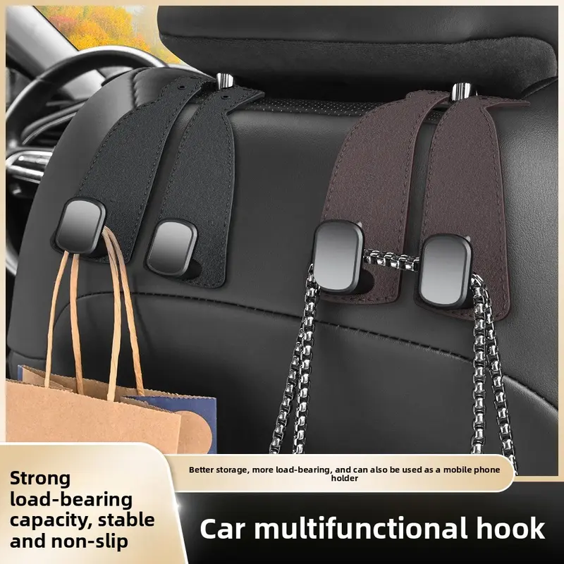 CoBak Purse Hook for Car - Universal Premium Stitched Leather and Aluminum-Magnesium Alloy Double Car Seat Back Storage Hook for Purses, Handbags, Bags (2 Pack),Black