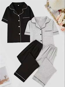 Conjunto de mujer para regreso a casa, manga corta y pantalones largos, diseño de seda de leche con solapa, detalle de bolsillo en el pecho, ropa para primavera y otoño