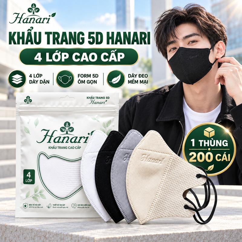 Khẩu Trang 5D HANARI Mask 4 Lớp Dày Dặn, Lớp Kháng Khuẩn Dễ Thở, Chống Bụi Mịn, Ngăn Giọt Bắn