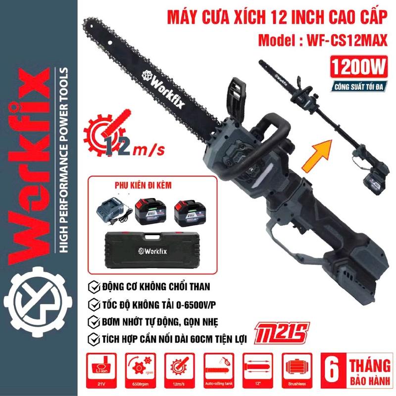 Máy cưa xích pin Workfix WF-CS12MAX không chổi than, công suất 1200W, lam xích 12in bơm nhớt tự động, cần nối dài 60cm
