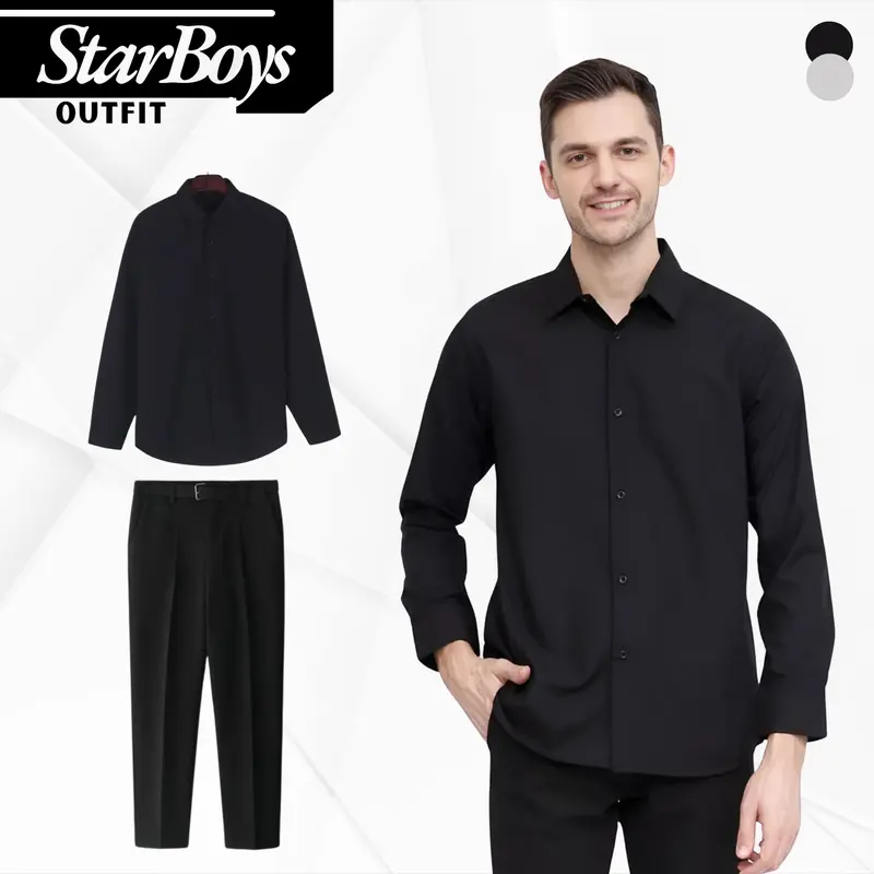 Setelan Pria Kemeja Hitam & Celana Casual Panjang Slimfit dengan Gaya Elegan Keren - Blazer, Formal, Kantor, kampus, Pengantin Cowok Casual Outfit Cowok Korean Style Polos Dewasa 0