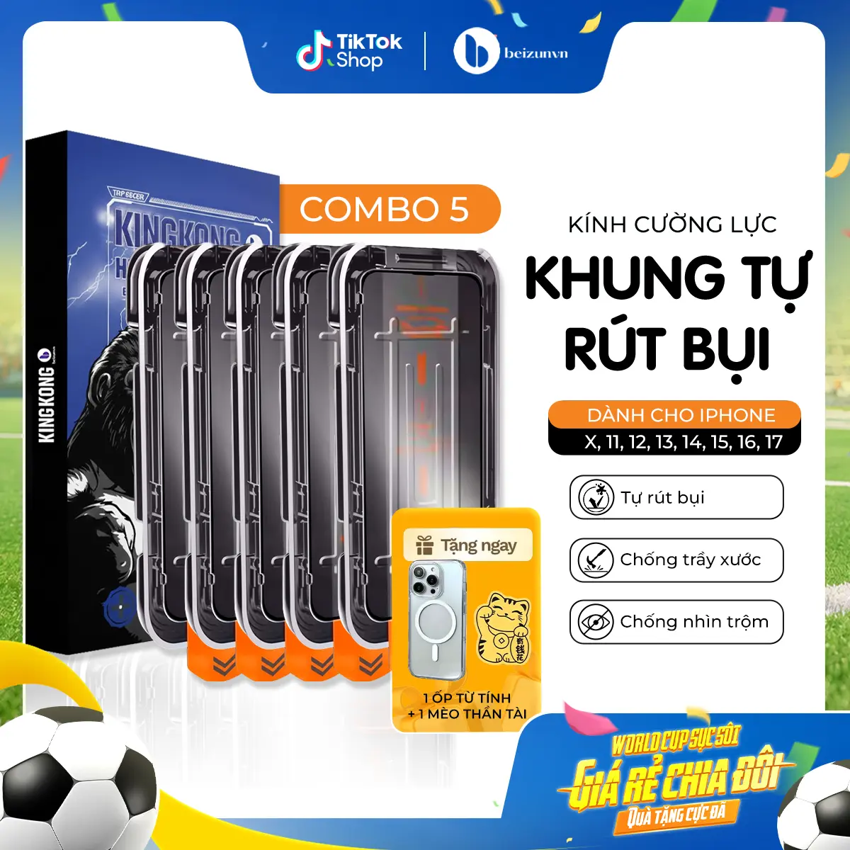 [Beizun]Combo 5 Kính Cường Lực GLASS Khung Tự Dán, Tự Rút Bụi Viền Cong 2.5D Siêu Mượt | Trong Suốt/Chống Nhìn Trộm | Chống Va Đập, Chịu Lực Tốt|Bảo Vệ Màng Loa, Chống Bám Bụi, iPhone 7 - iPhone 17 Promax |TẶNG Ốp Chống Sốc + Mèo Thần Tài