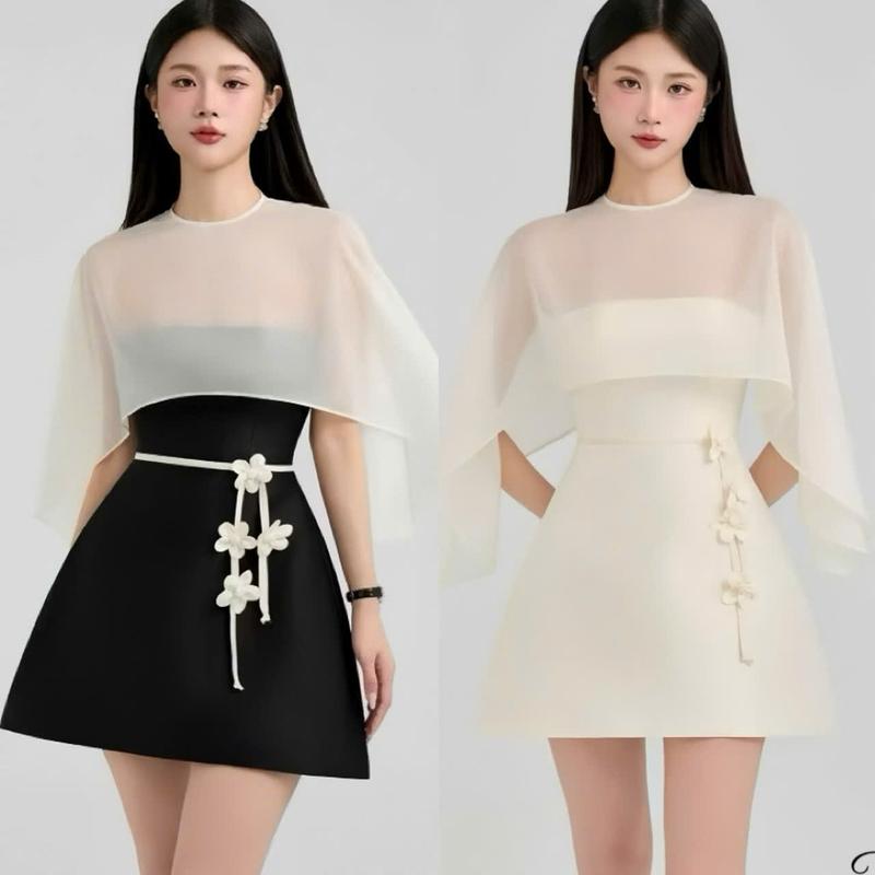 Váy BIGSIZE 50-120kg dễ thương thanh lịch hack dáng đi tiệc được may 2 lớp tỉ mỉ- Ú XINH STORE Đen Nữ Dress -D264 Tafta Dây 4 Hoa
