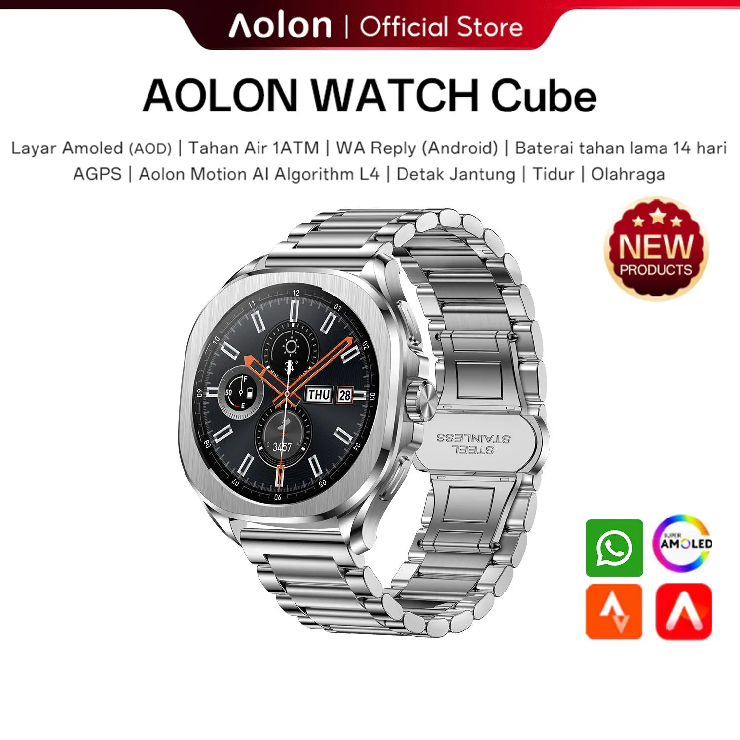 Aolon Cube AGPS Whatsapp Reply Jam Tangan Pintar Pria Layar AMOLED 1ATM Tahan Air 140 Mode Olahraga & Sensor Denyut Jantung Generasi Ketiga Smartwatch