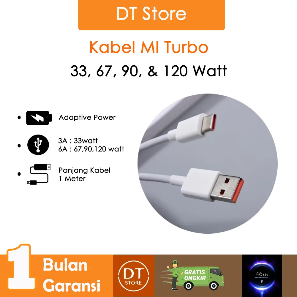 KABEL UNTUK Mi TURBO (TYPE C) 33,45, 67, 90 & 120WATT 3A & 6A